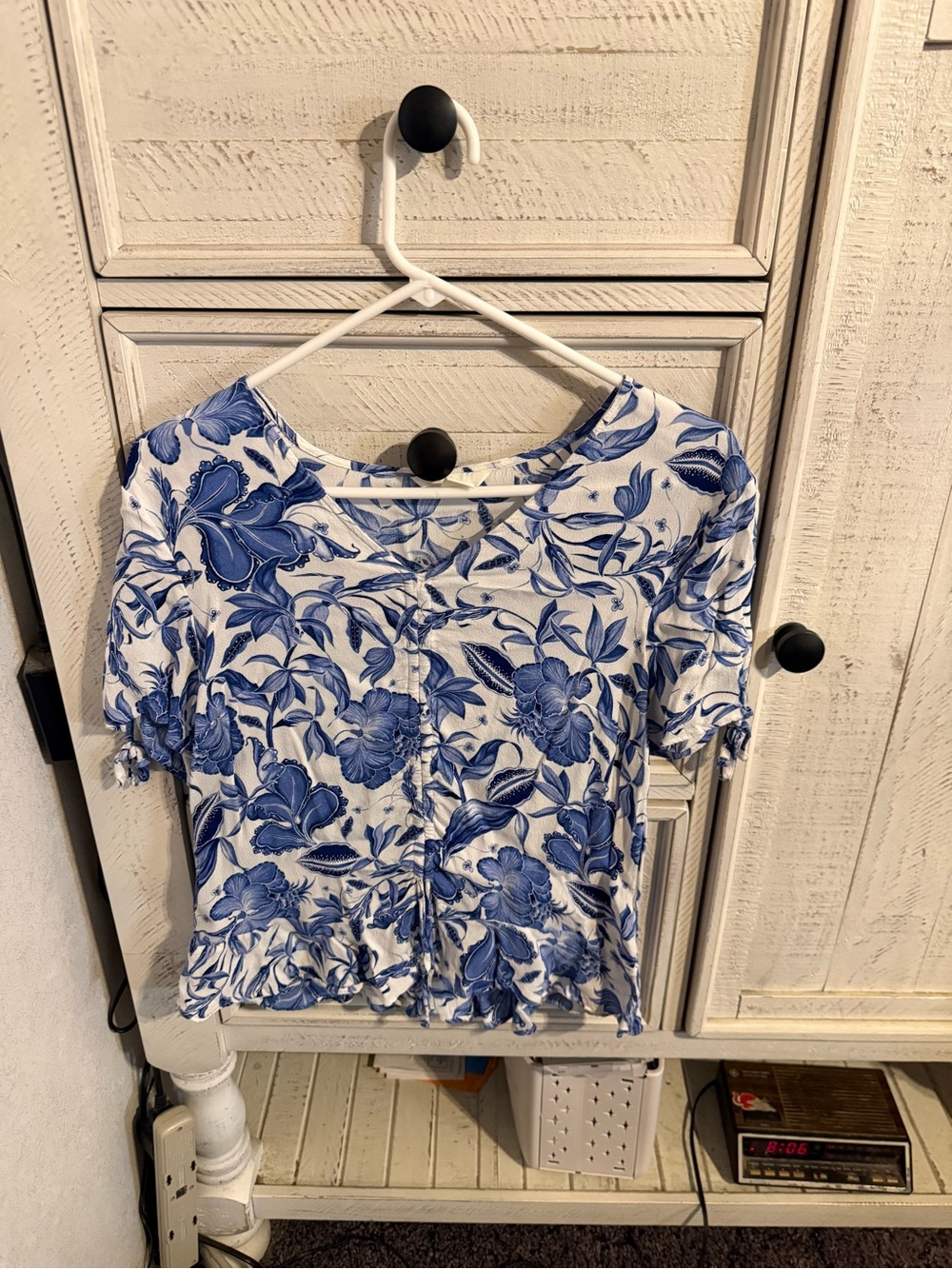 H&M White Short-Sleeve Top with Blue Floral Print